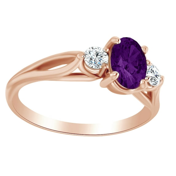 Simulated Amethyst & Natural Diamond Three Stone Engagement Ring 14K Rose Gold (0.2 Ct)