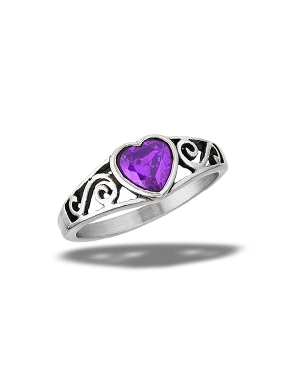 Simulated Amethyst Ring Stainless Steel Promise Heart Band Purple CZ Jewelry Female Size 6