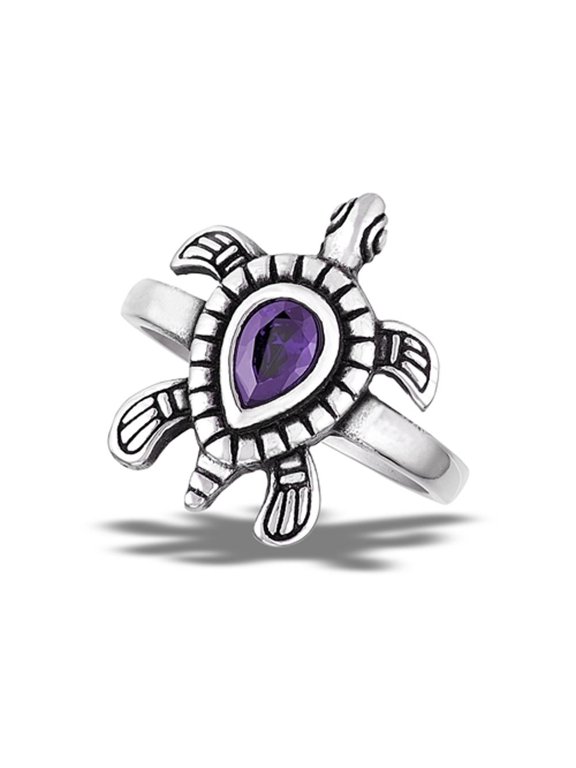 Simulated Amethyst Sea Turtle Ring Stainless Steel Band Purple Cubic Zirconia Jewelry Female Size 9