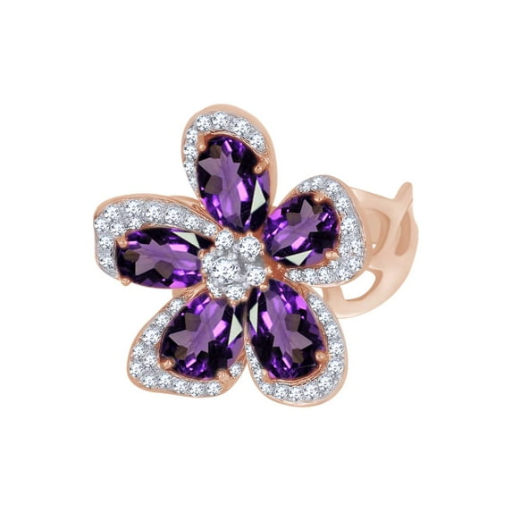 AFFY Simulated Amethyst & White Natural Diamond Flower Cocktail Ring In 14k Solid Rose Gold (6.58 cttw) Ring Size-14