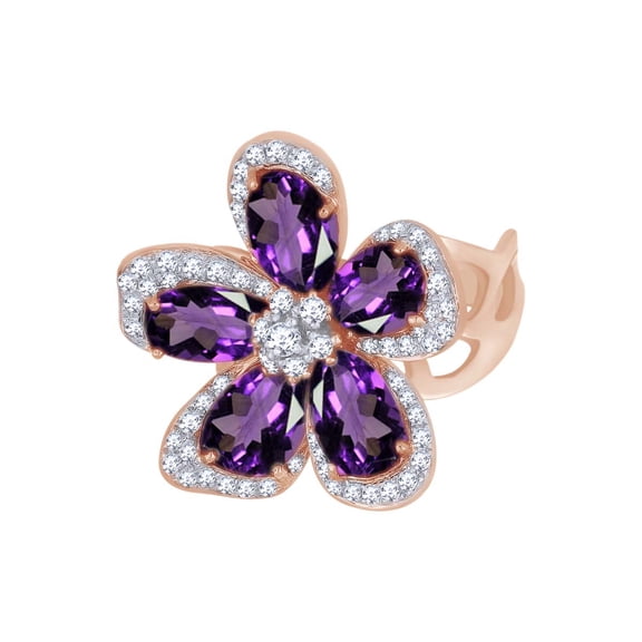 AFFY Simulated Amethyst & White Natural Diamond Flower Cocktail Ring In 14k Solid Rose Gold (6.58 cttw) Ring Size-8.5