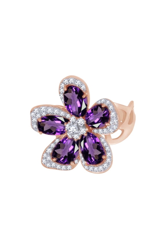 Simulated Amethyst & White Natural Diamond Flower Cocktail Ring In 14k Solid Rose Gold (6.58 cttw) Ring Size-8.5