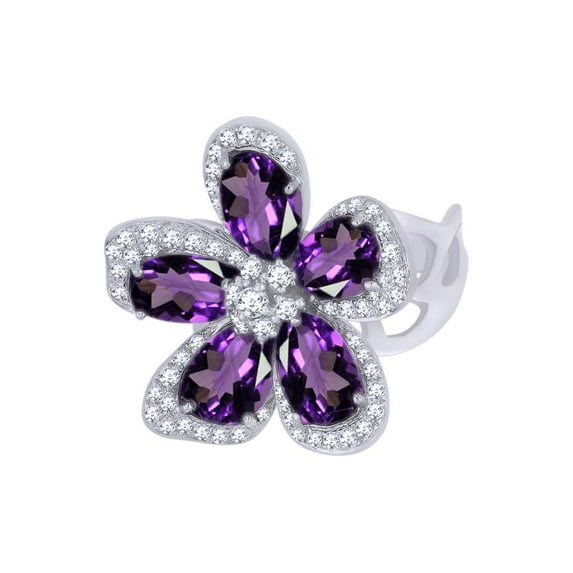 AFFY Simulated Amethyst & White Natural Diamond Flower Cocktail Ring In 14k Solid White Gold (6.58 cttw) Ring Size-8.5