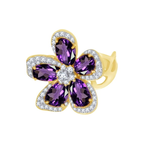 AFFY Simulated Amethyst & White Natural Diamond Flower Cocktail Ring In 14k Solid Yellow Gold (6.58 cttw) Ring Size-10.5