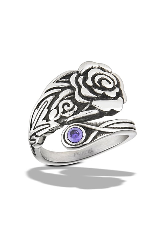 Simulated Amethyst Wholesale Rose Spoon Ring Stainless Steel Band Purple CZ Female Size 9