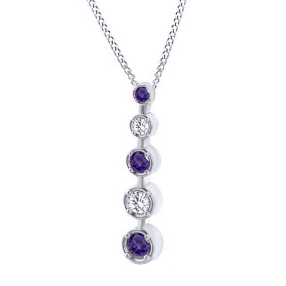 AFFY Simulated Amethyst & White Topaz CZ Journey Pendant Necklace In 14k Solid White Gold (0.1 Cttw)