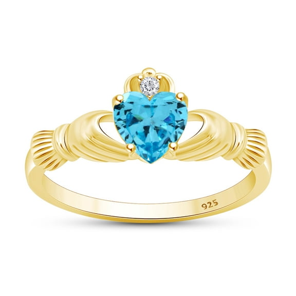 AFFY Simulated Aquamarine CZ & White Cubic Zirconia Heart Claddagh Ring In 14k Yellow Gold Over Sterling Silver