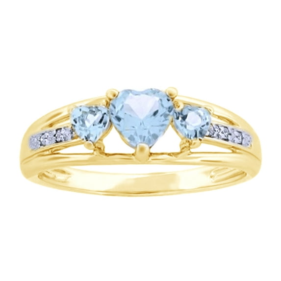 Simulated Aquamarine CZ and White Cubic Zirconia Three-Heart Ring In 14K Yellow Gold Over Sterling Silver