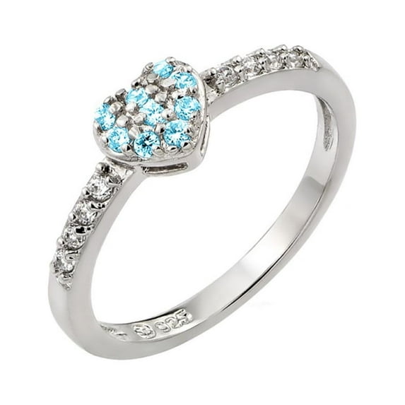 Simulated Aquamarine Inlay Cubic Zirconia March Birthstone Heart Ring Sterling Silver Size 7