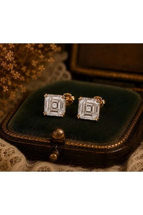 Simulated Asscher Cut Moissanite Stud Earrings Solitaire Step Cut Style Earrings, Art Deco Studs, Double Prong Screw Back Gift for Her