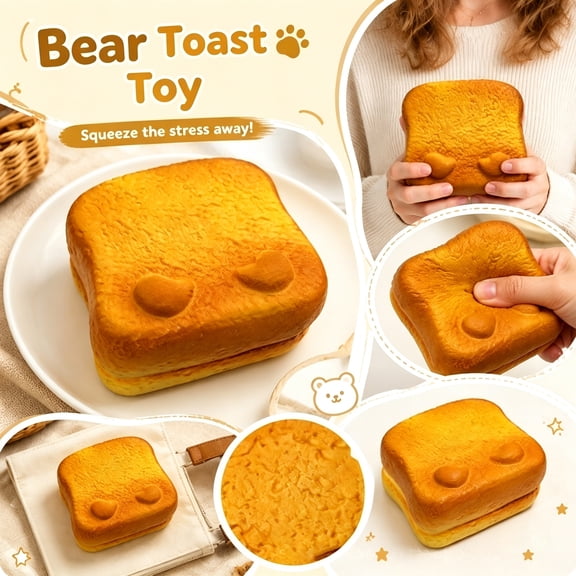 Cute Toast Bear Squeeze Toys, Slow Rising Squeeze Toys, Sensory Squeeze Toys, Relaxation Squeeze Toys, 3.5X3.5 Inch Soft Silicone Simulated Bread Squeeze Bear Shaped Relaxation