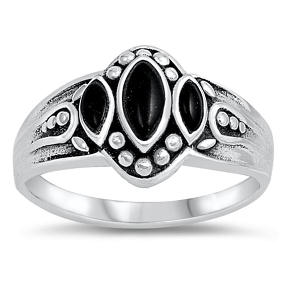 Simulated Black Onyx Marquise Oxidized Ring .925 Sterling Silver Band CZ Jewelry Female Size 7