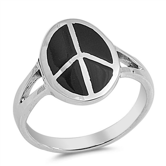 Simulated Black Onyx Peace Sign Ring .925 Sterling Silver Band Cubic Zirconia Jewelry Female Size 5