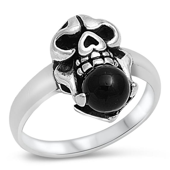 Simulated Black Onyx Skull Biker Scary Polished Ring ( Sizes 5 6 7 8 9 10 11 12 ) .925 Sterling Silver Band Rings (Size 10)