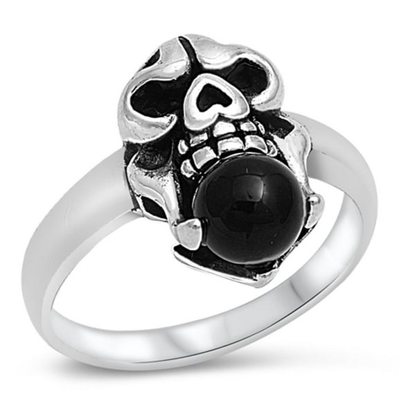 Simulated Black Onyx Skull Biker Scary Polished Ring ( Sizes 5 6 7 8 9 10 11 12 ) .925 Sterling Silver Band Rings (Size 11)