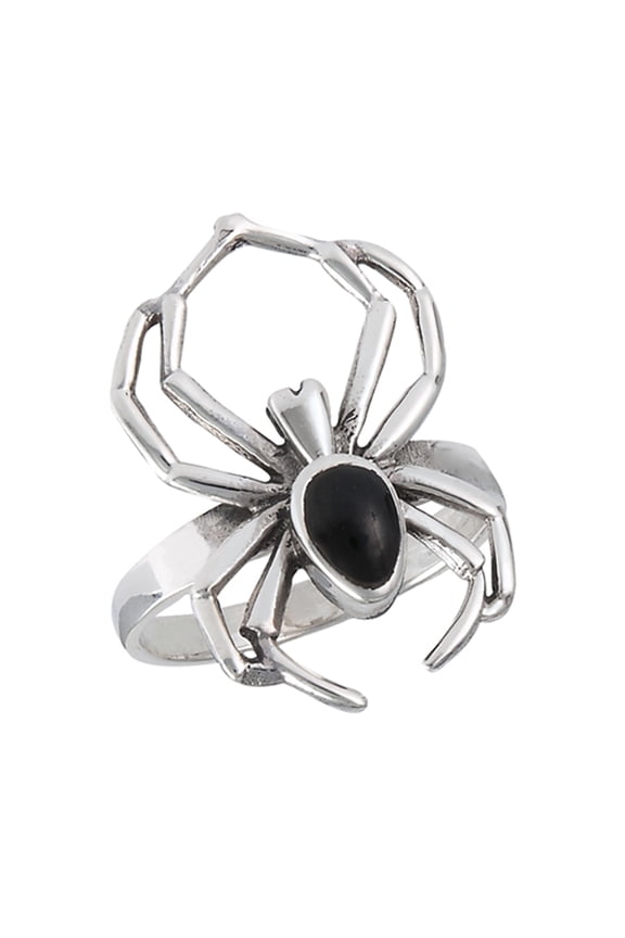 Simulated Black Onyx Wide Scary Spider Ring .925 Sterling Silver Band CZ Jewelry Female Size 9