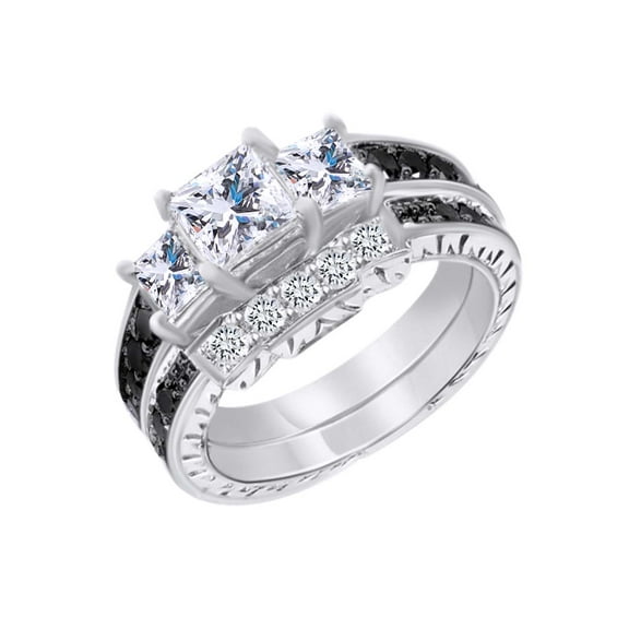 AFFY Simulated Black & White CZ Bridal Engagement Ring Set 14K White Gold over Silver-10