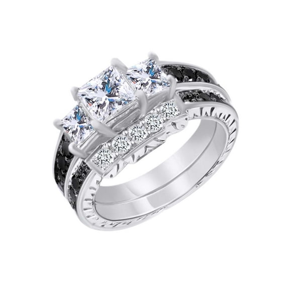 AFFY Simulated Black & White CZ Bridal Engagement Ring Set 14K White Gold over Silver-11