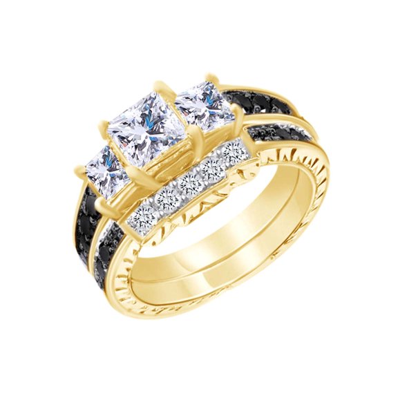 AFFY Simulated Black & White CZ Bridal Engagement Ring Set 14K Yellow Gold over Silver-6