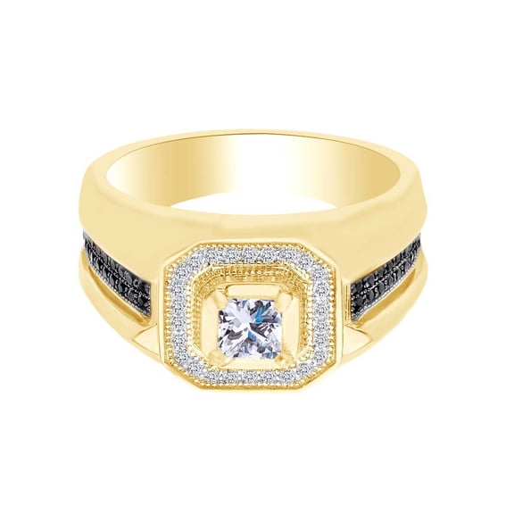 AFFY Simulated Black & White Cubic Zirconia Men's Halo Engagement Ring In 14k Yellow Gold Over Sterling Silver Ring Size-5.5