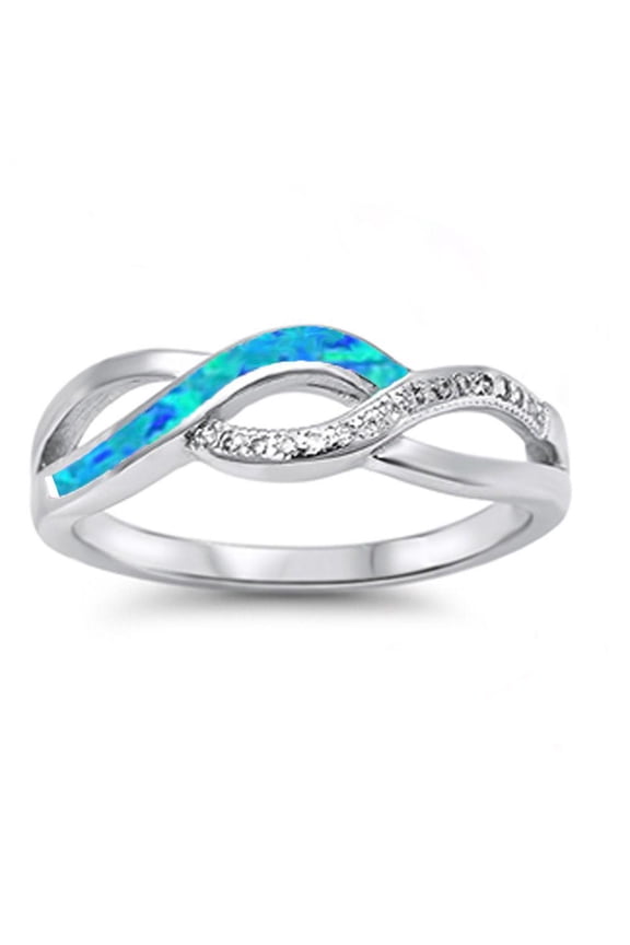 Simulated Blue Opal Clear CZ Infinity Ring Sterling Silver Size 7