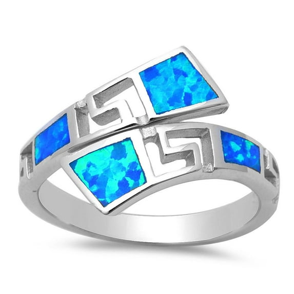 Simulated Blue Opal Greek Key Design Band Ring Sterling Silver Size 8