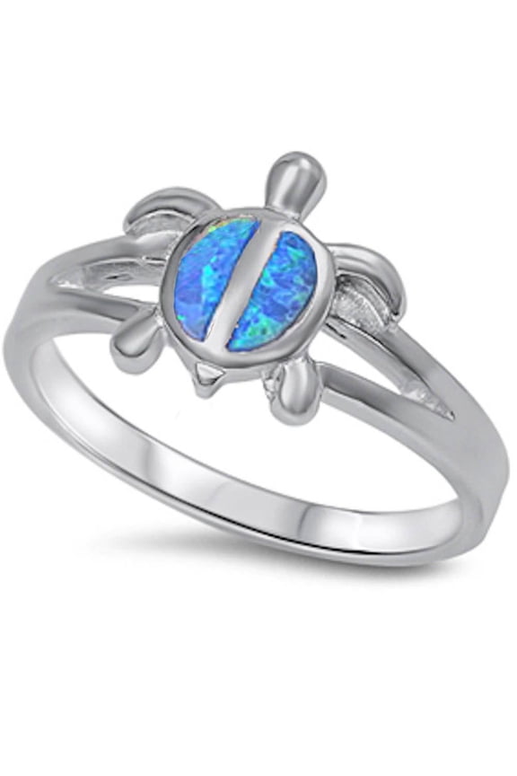 Simulated Blue Opal Sea Turtle Split Band Ring Sterling Silver Size 10