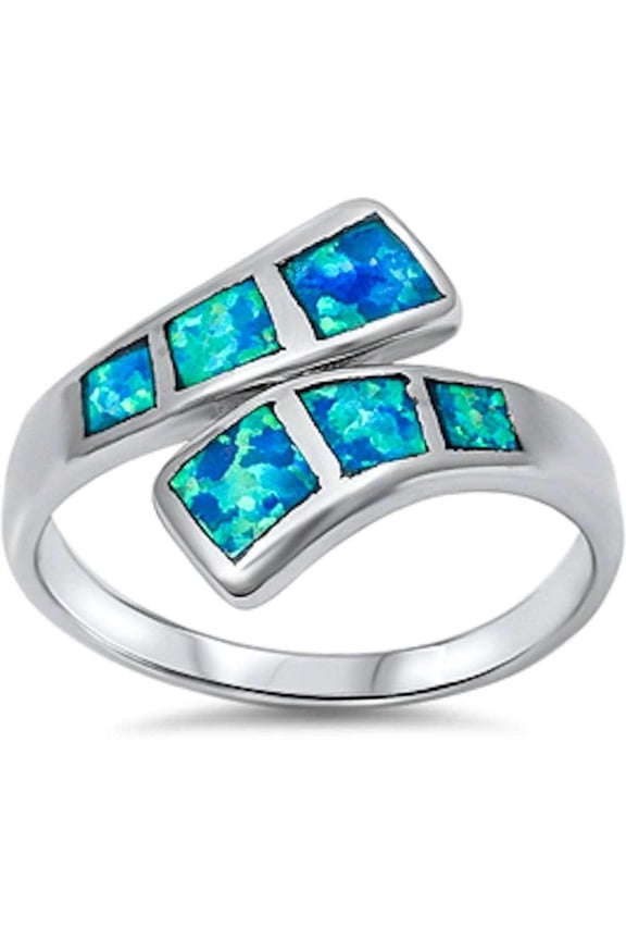 Simulated Blue Opal Square Mew Design Ring Sterling Silver Size 9
