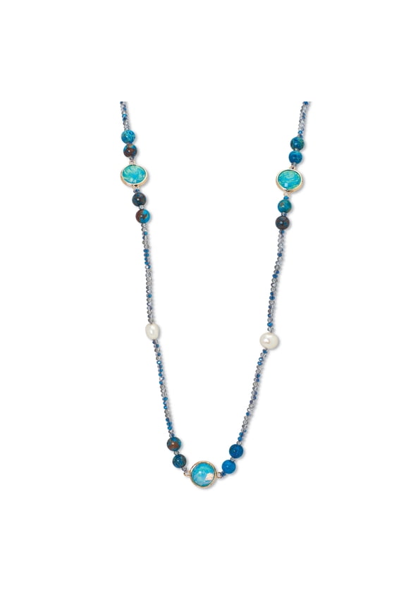 Simulated Blue Opal and Genuine Jasper Goldtone Beaded Necklace 38-inch