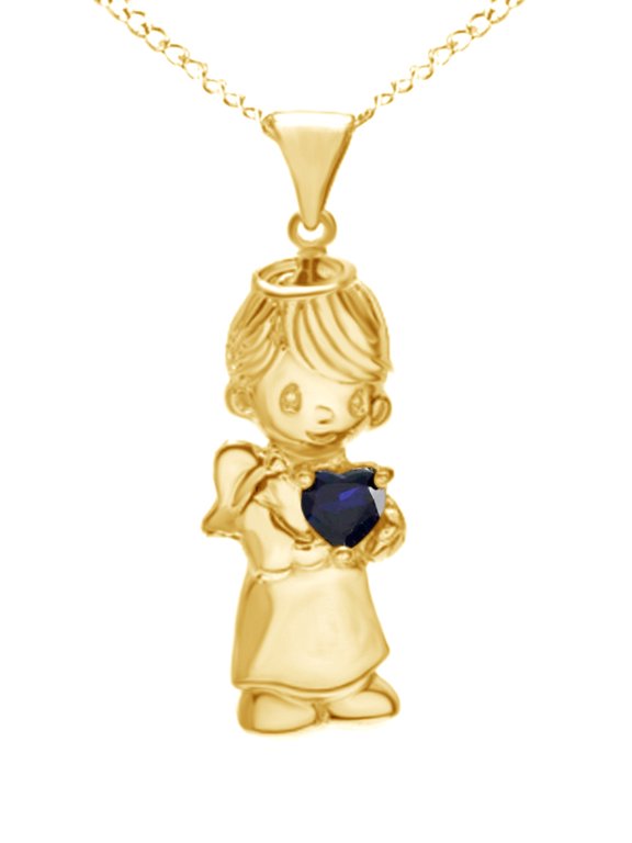 Simulated Blue Sapphire Angel Pendant in 14K Solid Yellow Gold Over Sterling Silver