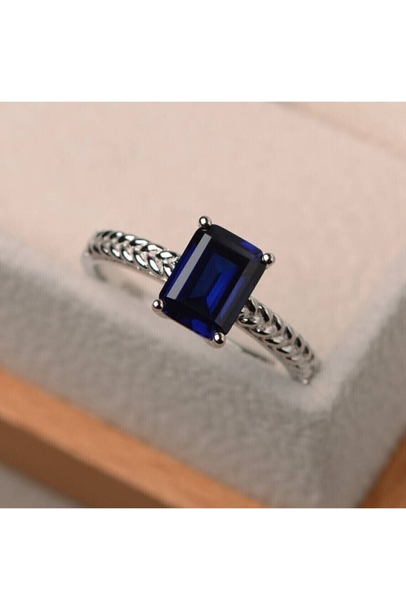 Simulated Blue Sapphire Emerald Cut Womens Wedding Ring 14k White Gold Plated Sterling Silver