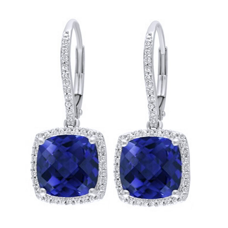 Simulated Blue Sapphire Natural Diamond Drop Earrings In 14K