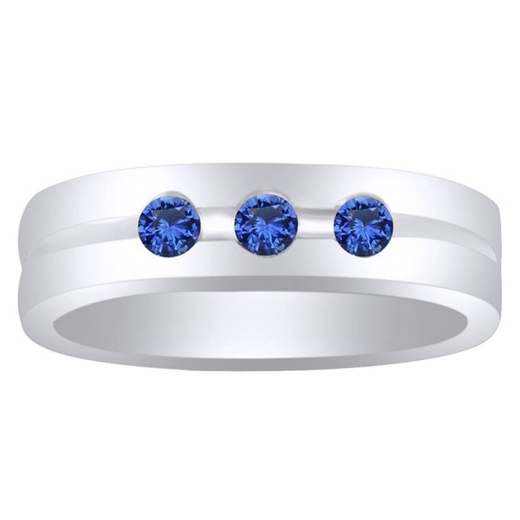 AFFY Simulated Blue Sapphire Three Stone Men's Ring in 14k White Gold Over Sterling Silver (0.33 Cttw) Size Ring - 4
