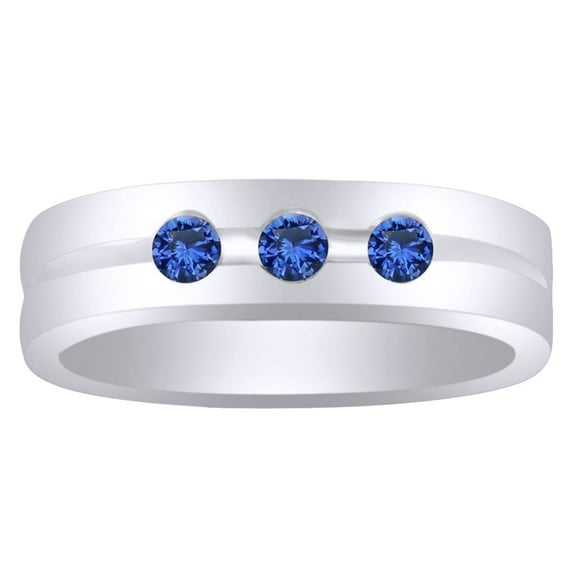 AFFY Simulated Blue Sapphire Three Stone Men's Ring in 14k White Gold Over Sterling Silver (0.33 Cttw) Size Ring - 8