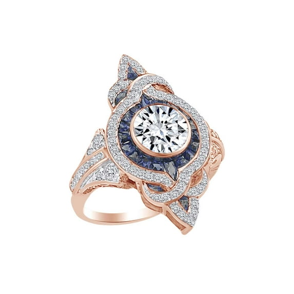 AFFY Simulated Blue Sapphire & White CZ Cocktail Engagement Ring In 14k Solid Rose Gold (1.35 cttw) Ring Size-7