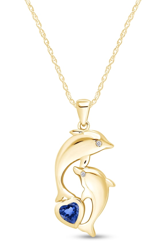 Heart Simulated Blue-Sapphire & Cubic Zirconia Dolphin Pendant Necklace 14K Yellow Gold over Silver