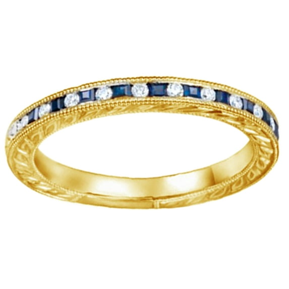 AFFY Simulated Blue Sapphire White Diamond Anniversary Band Ring In 14K Solid Yellow Gold (0.12 Ct), Size-5