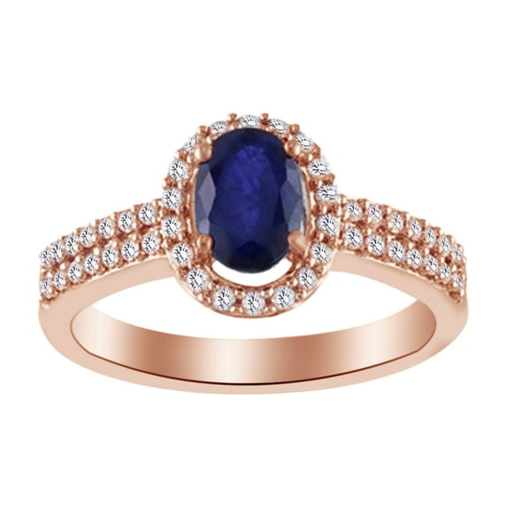 AFFY Simulated Blue Sapphire & White Natural Accent Diamond Solitaire Ring In 10k Rose Gold (0.33 cttw) Ring Size-5.5