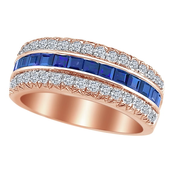 AFFY Simulated Blue Sapphire & White Natural Diamond Anniversary Band Ring in 14k Rose Gold (0.5 Cttw) Ring Size : 13.5