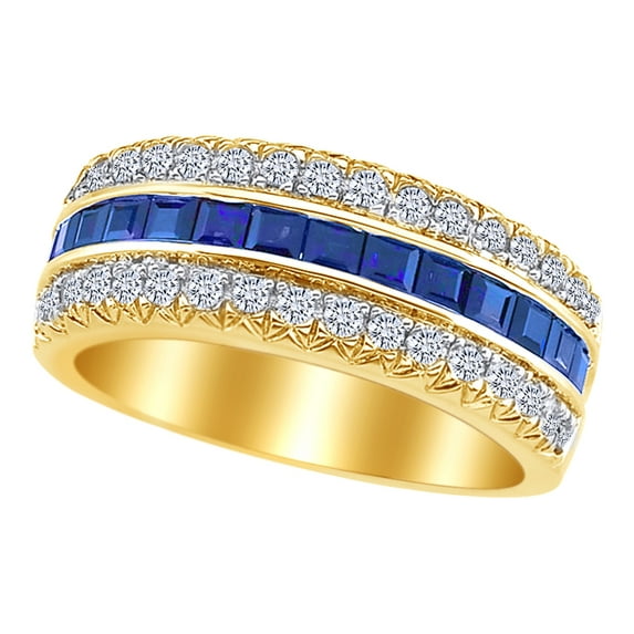 AFFY Simulated Blue Sapphire & White Natural Diamond Anniversary Band Ring in 14k Yellow Gold (0.5 Cttw) Ring Size : 12.5