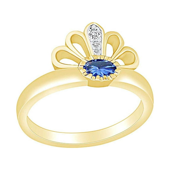 AFFY Simulated Blue Sapphire & White Natural Diamond Crown Ring 14k Yellow Gold Over Sterling Silver