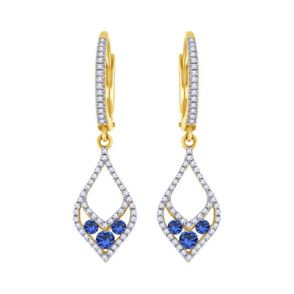 AFFY Simulated Blue Sapphire & White Natural Diamond Tear Drop Dangle Earrings In 14K Yellow Gold (0.68 Cttw)