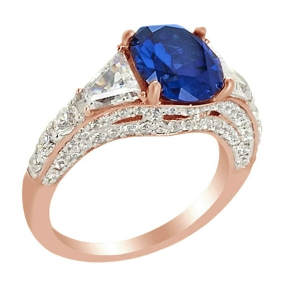 AFFY Simulated Blue Sapphire & White Sapphire Solitaire Ring In 14k Rose Gold Over Sterling Silver (4.88 cttw) Ring Size-9