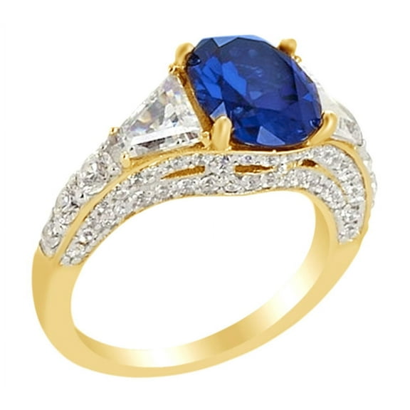 AFFY Simulated Blue Sapphire & White Sapphire Solitaire Ring In 14k Yellow Gold Over Sterling Silver (4.88 cttw) Ring Size-9.5