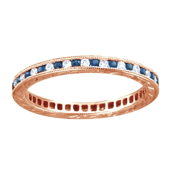 AFFY Simulated Blue Sapphire With Natural Diamond Eternity Band Ring In 14K Rose Gold, Ring Size-8.5