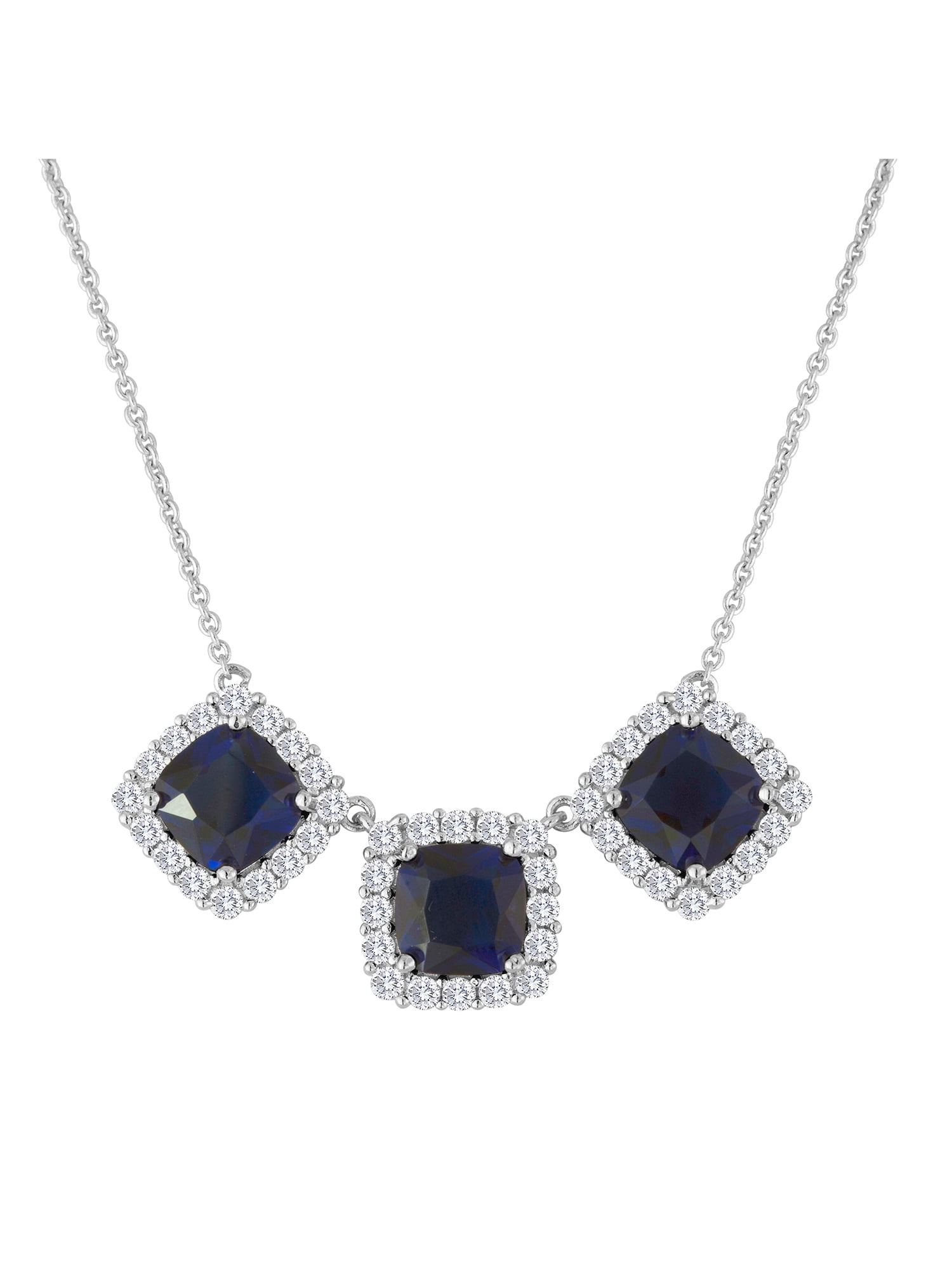 Simulated Blue Sapphire and CZ Necklace in Fine Silver Plated Brass, 18"
