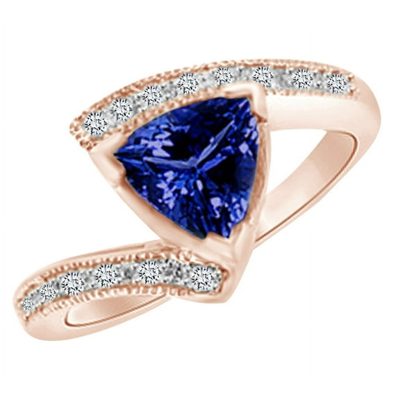 AFFY Simulated Blue Tanzanite & White Natural Diamond Bypass Engagement Ring In 14k Rose Gold (1.55 cttw)With Ring Size:-13