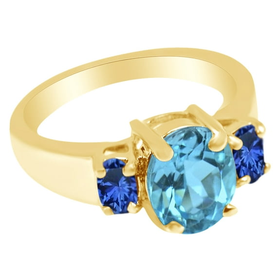 AFFY Simulated Blue Topaz & Simulated Blue Sapphire Three Stone Ring in 14k Yellow Gold Over sterling Silver Size Ring - 14