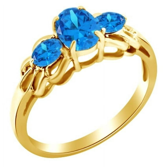 AFFY Simulated Blue Topaz Three Stone Band Ring in 14k Yellow Gold Over Sterling Silver Ring Size - 11