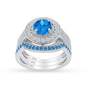 JEWEL ZONE US Simulated Blue Topaz & White CZ Halo Engagement Bridal Ring Set In 14k White Gold Over Sterling Silver Ring Size-4